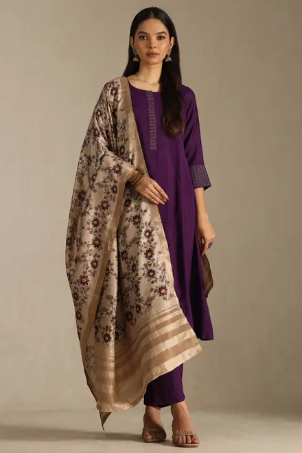 Purple Silk Blend Woven Design Suit Set With Zari